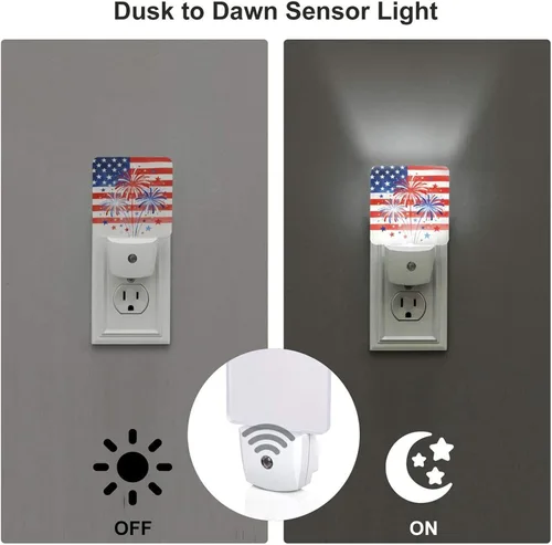 Vista 5 de Juego de 2 luces nocturnas patrióticas del 4 de julio, luces nocturnas LED con sensor automático de EE. UU., lámpara de sensor enchufable