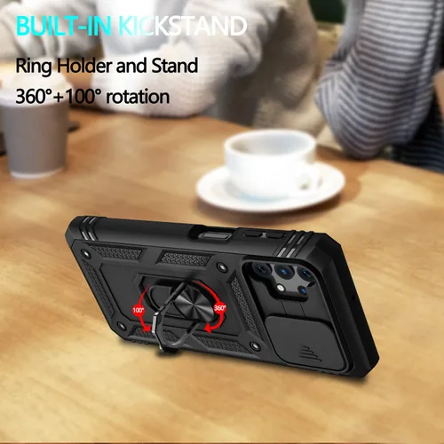 Vista 5 de Funda para Galaxy A32 5G, para Galaxy A32 con 3 protectores de pantalla de vidrio templado con soporte integrado + cubierta de cámara, carcasa