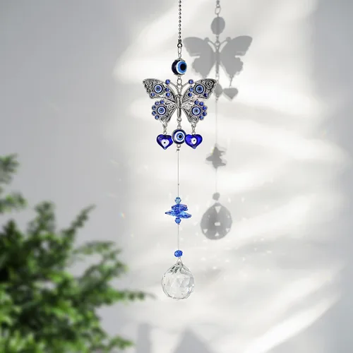 Vista 11 de Colgante de cristal azul con dije de ojo malvado, mariposa, ángel, girasol, talismán, atrapa el sol, hecho a mano, amuleto de buena suerte, oficina