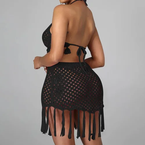 Vista 2 de Vssjavun Traje de baño de 2 piezas para mujer con diseño de ganchillo, para playa, traje de baño de red