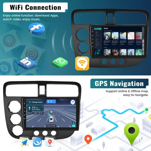 Vista 4 de Estéreo de coche Android 2G+64G para Honda Civic 2000-2005 inalámbrico A-pple CarPlay Android Auto, 9 pulgadas HD pantalla táctil navegación