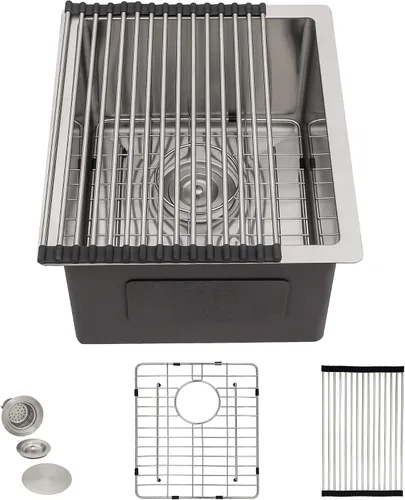 Vista 24 de Fregadero de cocina de 13 x 15 pulgadas de montaje bajo encimera - Fregadero de cocina de acero inoxidable 304 calibre 16 bajo mostrador con grifo