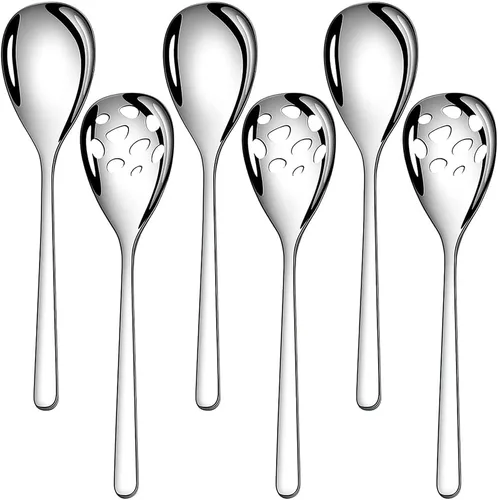 Vista 10 de Juego de 2 cucharas de servir, cucharas sólidas y ranuradas de acero inoxidable de 9.4 pulgadas, utensilios de cocina extra grandes y resistentes
