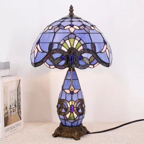 Vista 4 de Lámpara de Estilo Tiffany de Vidrio Manchado Azul Barroco de Mesa de 12X19 Pulgadas, Vaso Madre-Hija, Luz de Lectura para Escritorio, Decoración