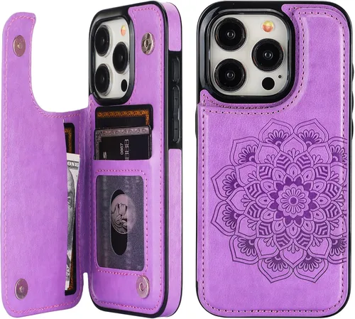 Vista 9 de Vaburs Funda compatible con iPhone 15 Pro con tarjetero y diseño de mandala en relieve, de piel sintética, doble botones, a prueba de golpes