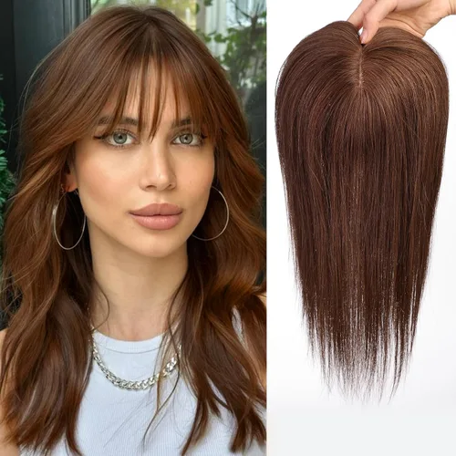 Vista 11 de HAIRCUBE Pelucas de cabello humano 100% con flequillo, densidad 150%, base de seda, clip en la parte superior, pelucas de cabello superior