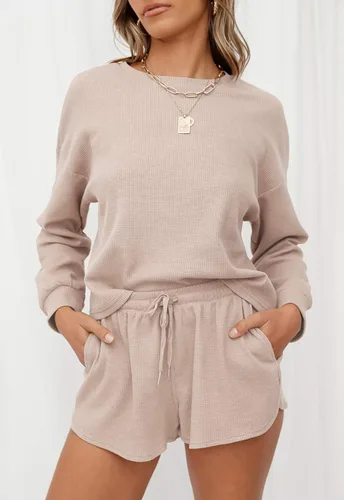 Vista 2 de ZESICA Women's Waffle Knit Long Sleeve Top and Shorts Pullover Nightwear Lounge Pajama Set with Pockets