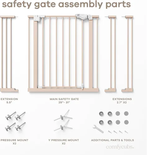 Vista 7 de Comfy Cubs Puerta de seguridad para bebés con 3 extensiones – Barrera ajustable de acero Q195 para puertas de 42" x 1.9" x 30" – Acabado