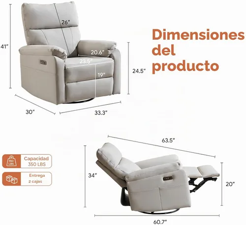 Vista 2 de Silla reclinable eléctrica con soporte lumbar ajustable, sillón reclinable giratorio con reposabrazos sobrerelleno, sillón reclinable para Gris