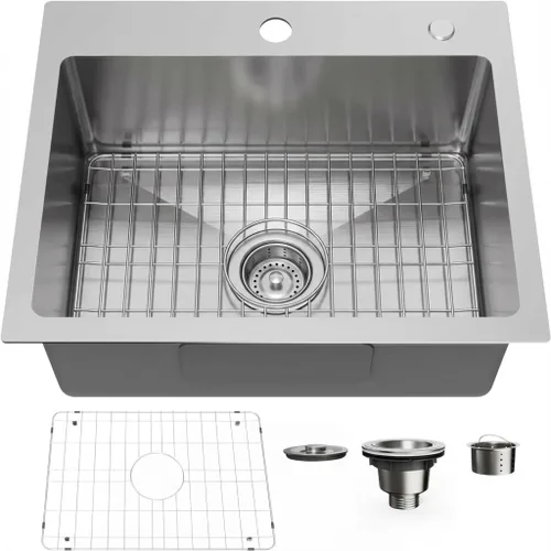 Vista 11 de Fregadero de cocina empotrable de 20" x 16" de acero inoxidable 304 de un solo compartimento montaje superior para bar con kit de drenaje y rejilla