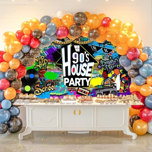 Vista 7 de Avezano Telón de Fondo para Fiesta de los 90 en Casa con Graffiti de Hip Hop, Decoraciones Temáticas de los 90 para Fiesta en Casa, Radio Retro