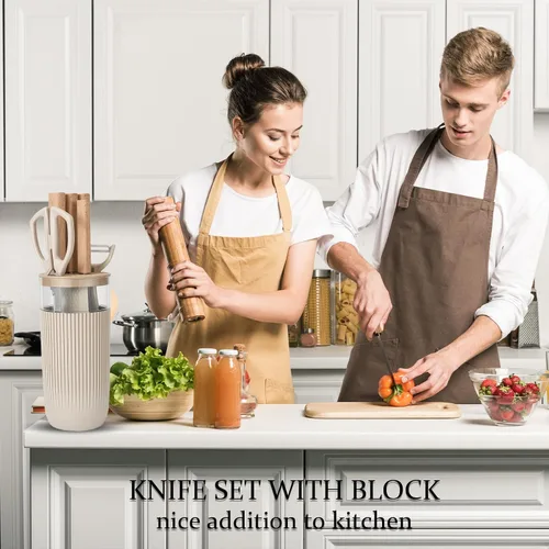 Vista 7 de Juego de cuchillos de cocina profesional de 7 piezas con bloque universal de cuchillos, juego de bloques de cuchillos súper afilados con mango Beige
