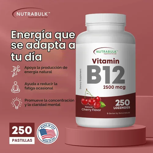 Vista 2 de NutraBulk Vitamina B12 2500 mcg Pastillas Sublinguales con Sabor a Cereza