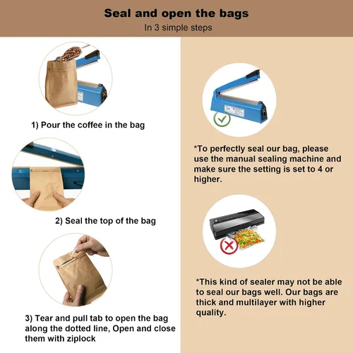 Vista 7 de Bolsas de café de papel kraft – Kraft de alta barrera y forro de aluminio – Bolsas de café de fondo plano con válvula de desgasificación, bolsas
