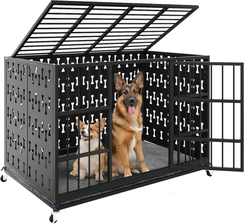 Vista 12 de LEMBERI - Jaula para perro indestructible y resistente de 48/38 pulgadas, a prueba de escapes con ruedas bloqueables, doble puerta para evitar