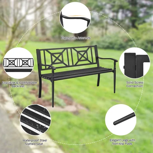 Vista 5 de S AFSTAR Banco de jardín al aire libre, asiento de metal para porche con asiento y respaldo decorativo, sofá biplaza para 2 personas para patio