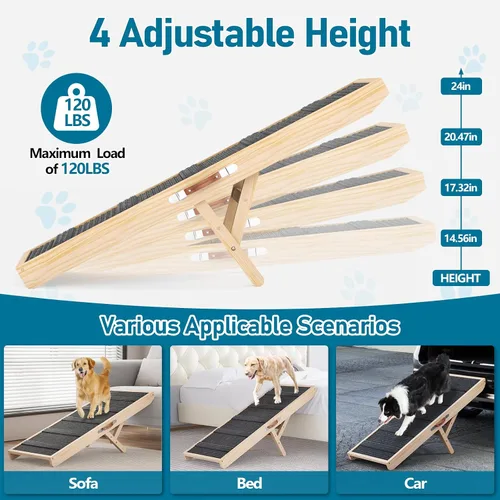 Vista 3 de Tresbro Rampa para perros para cama, 4 niveles ajustables de 14.56 a 24 pulgadas con alfombra antideslizante y asa de transporte, rampa portátil