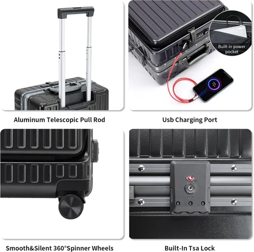 Vista 3 de Equipaje de mano aprobado por aerolíneas con compartimento para laptop, equipaje multifuncional de marco de aluminio de 20 pulgadas con puerto