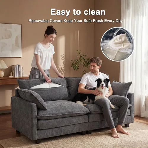 Vista 6 de Juego de sofá de 77" de chenilla en forma de nube con cojines, sofá cama de asiento profundo para apartamentos, 2 plazas que ahorra espacio con Gris