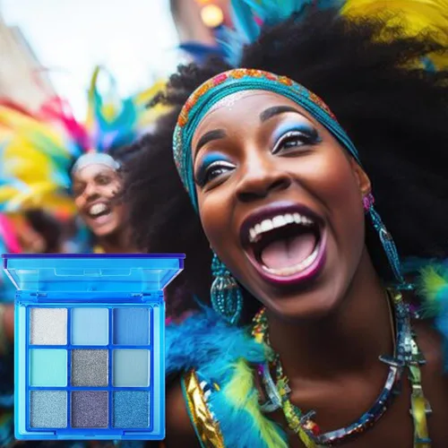 Vista 4 de Paleta de sombra de ojos azul, 9 colores, Mardi Gras Carnival prensado pigmento con purpurina, paleta de sombra de ojos impermeable, paleta