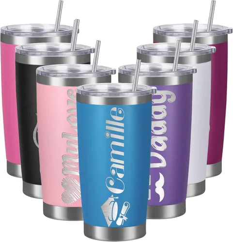 Vista 10 de Vasos personalizados con tapas y pajitas, vasos de acero inoxidable grabados con láser personalizados de 20 onzas con nombre y texto, taza de café