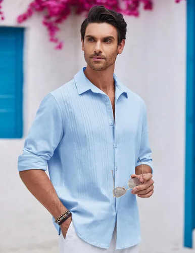 Vista 3 de COOFANDY Camisa cubana de lino guayabera con botones y manga larga para hombre