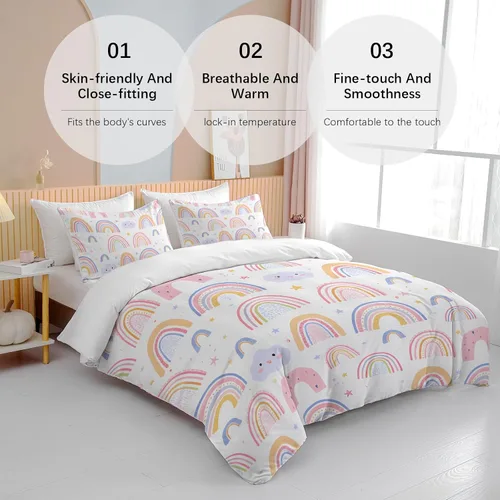 Vista 5 de BEDMUST Juego de funda de edredón tamaño individual arcoíris para niñas, funda de edredón de 3 piezas con 2 fundas de almohada
