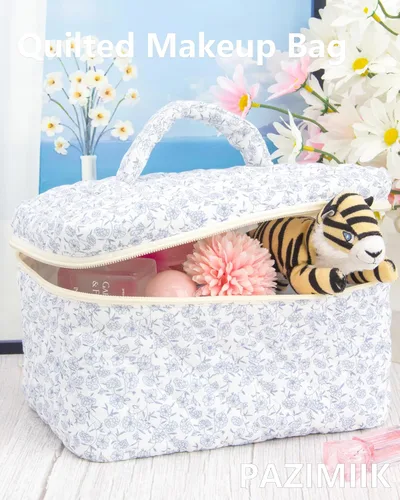Vista 5 de Quilted Makeup Bag for Women, Travel Cosmetic&Toiletry Bag,Blue Flower
