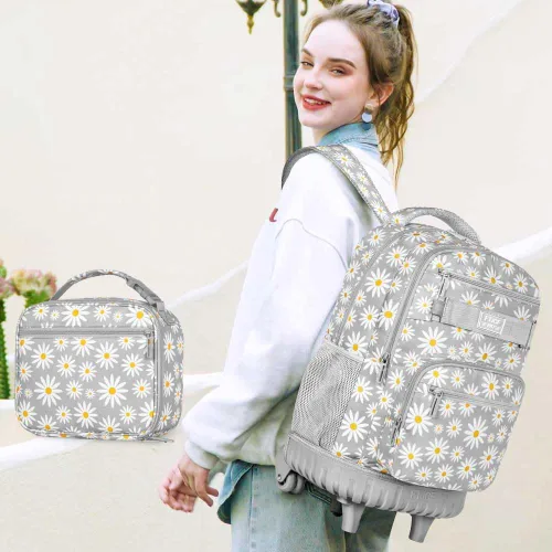 Vista 7 de AGSDON Mochila con ruedas para niñas, bolsa de libros con ruedas enrollables, mochila escolar con ruedas para computadora portátil con ruedas
