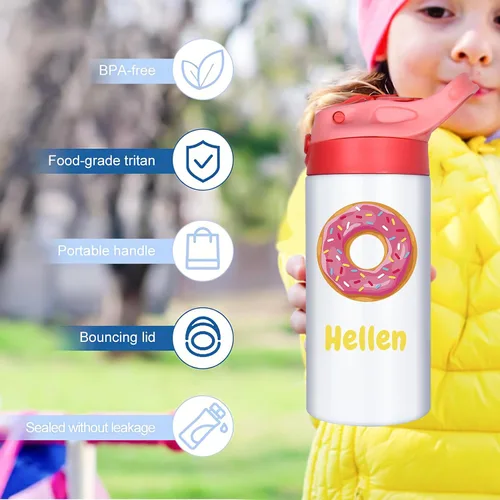 Vista 5 de Botella de agua personalizada para niños, niñas, niños, botellas de agua personalizadas de 12 onzas con nombre y tapa de pajilla, tazas de acero