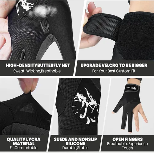 Vista 4 de YFY Guantes de billar para mano izquierda con 3 dedos, proceso de empalme, guantes deportivos de billar para hombres y mujeres