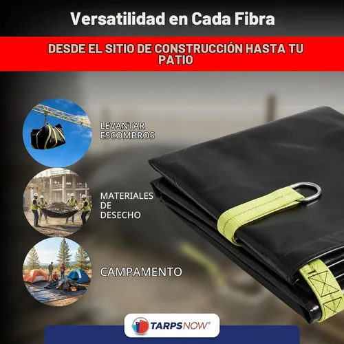 Vista 5 de Tarps Now - Lona de elevación de desechos, (8 x 8 pies) con 8 anillos en D de acero y correas amarillas fuertes, hoja de lona multiusos resistente