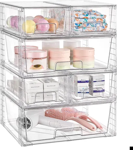 Vista 13 de Vtopmart Paquete de 3 cajones de almacenamiento apilables transparentes, organizadores de baño fáciles de montar y almacenamiento con asas, cajones