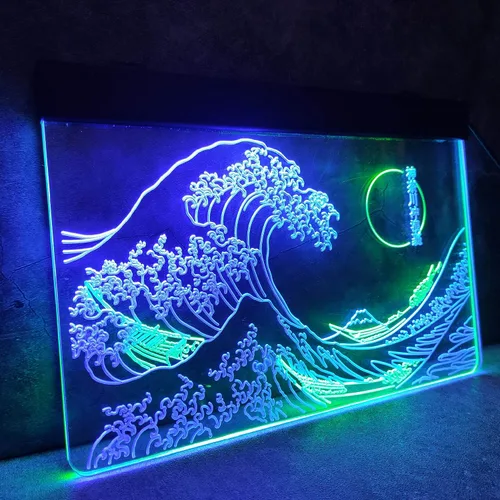 Vista 4 de Letrero de neón LED The Great Wave Off Kanagawa, letrero japonés de Katsushika Hokusai clásico, arte de pared para habitación, letreros de luz