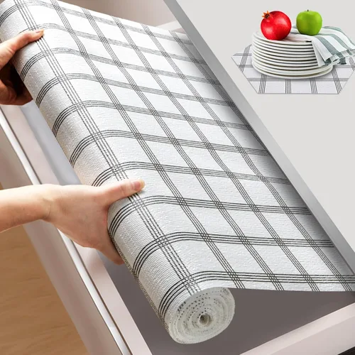 Vista 23 de Beautysaid Revestimiento de estante y cajón para armario de cocina, papel antideslizante no adhesivo, impermeable, lavable, grueso para tocador