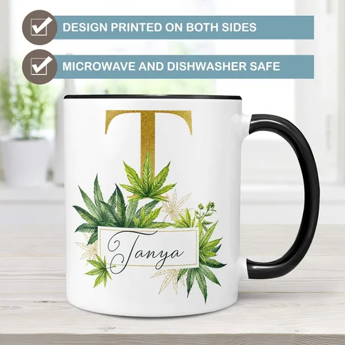 Vista 3 de Taza de café de cerámica personalizada con inicial botánica y nombre, 11 o 15 onzas