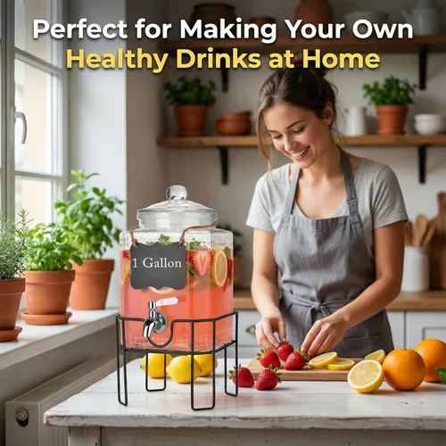 Vista 5 de Dispensador de bebidas, dispensadores de bebidas para fiestas, dispensador de bebidas de vidrio de 1 galón con soporte y tapa de vidrio, grifo 100%