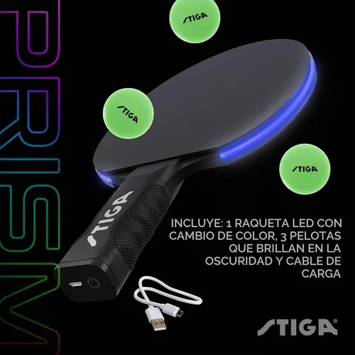 Vista 5 de STIGA Prism - Paleta LED de ping pong, 5 ciclos de color LED, modo degradado de color, incluye 3 bolas que brillan en la oscuridad, esponja de 0.059