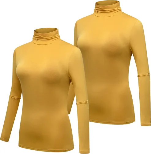 Vista 2 de Formeet17 Paquete de 2 camisetas de manga larga con cuello alto para mujer, básica, elástica, cómoda, cuello alto