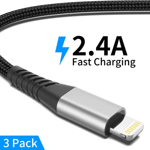 Vista 2 de Cable de carga corto para iPhone de 6 pulgadas, paquete de 3 cables USB a Lightning de 0.5 pies trenzados para iPhone 14, 13, 12, 11 Pro Max, Xs 8
