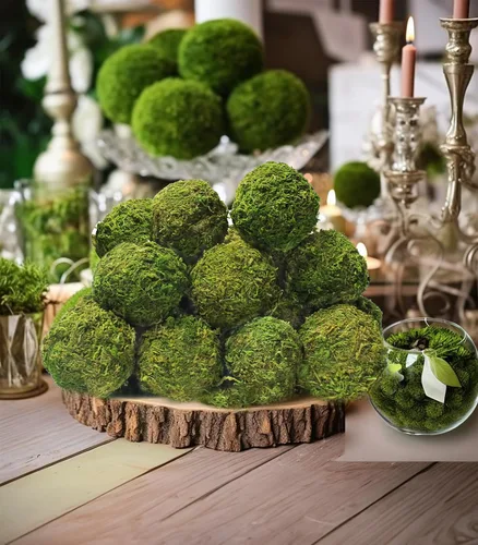 Vista 5 de Paquete de 21 bolas de musgo verde, 8 bolas decorativas de 3.2 pulgadas para llenar cuencos, 13 bolas de musgo falsas de 2.3 pulgadas para centro