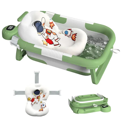 Vista 8 de Bañera plegable para recién nacidos a niños pequeños (0-24 meses), bañera portátil para bebés para viajes, bañera plegable con cojín suave y de Azul
