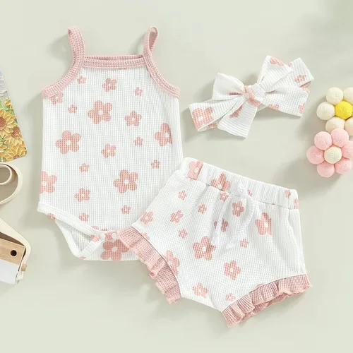 Vista 3 de Qiylii Conjunto de pantalones cortos de verano para bebé recién nacida, diseño floral, con tirantes, parte superior con volantes, pantalones cortos