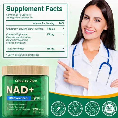 Vista 3 de NAD+ Resveratrol 910mg Suplemento para mujeres y hombres - 120 cápsulas (120 unidades (paquete de 1))