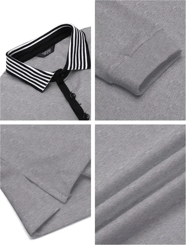 Vista 5 de COOFANDY Polo de manga larga para hombre, cuello a rayas, casual, ajustado, de algodón