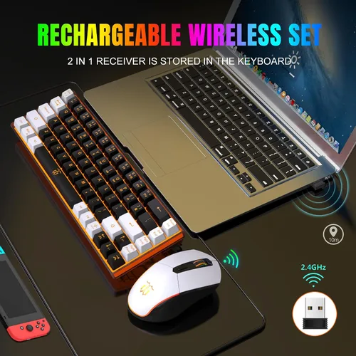 Vista 2 de Snpurdiri Combo de teclado y mouse inalámbricos 60% para juegos, batería recargable con retroiluminación naranja de 2000 mAh, mini teclado