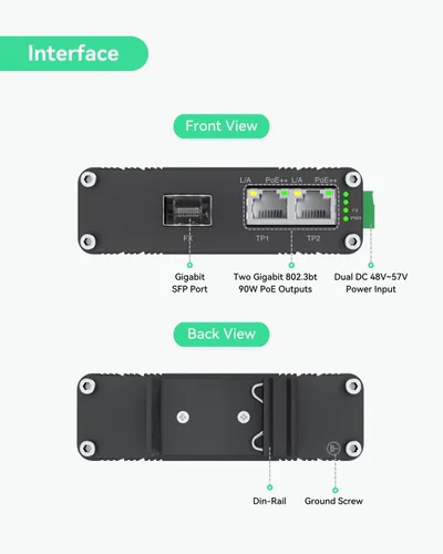 Vista 2 de LINOVISION Industrial 2 puertos Gigabit BT90W PoE++ Switch Fibra SFP uplink