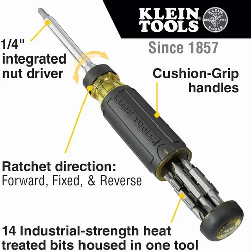 Vista 2 de Klein Tools 32305 - Destornillador de trinquete multibroca, herramienta 15 en 1 con puntas Phillips, ranuradas, cuadradas, Torx y combo