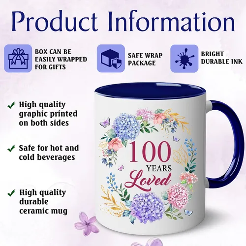 Vista 3 de Regalos de cumpleaños número 100 para mujeres, regalo de cumpleaños de 1926 para ella, taza de 100 años amados, regalo para mujeres que cumplen 100