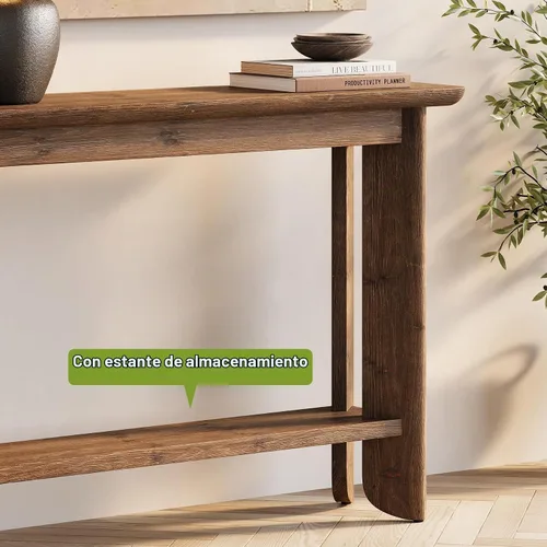 Vista 6 de LITTLE TREE Mesa de sofá de 41.3 pulgadas, mesa consola de madera maciza de 2 niveles para sala de estar, moderna mesa de sofá detrás del sofá, mesa